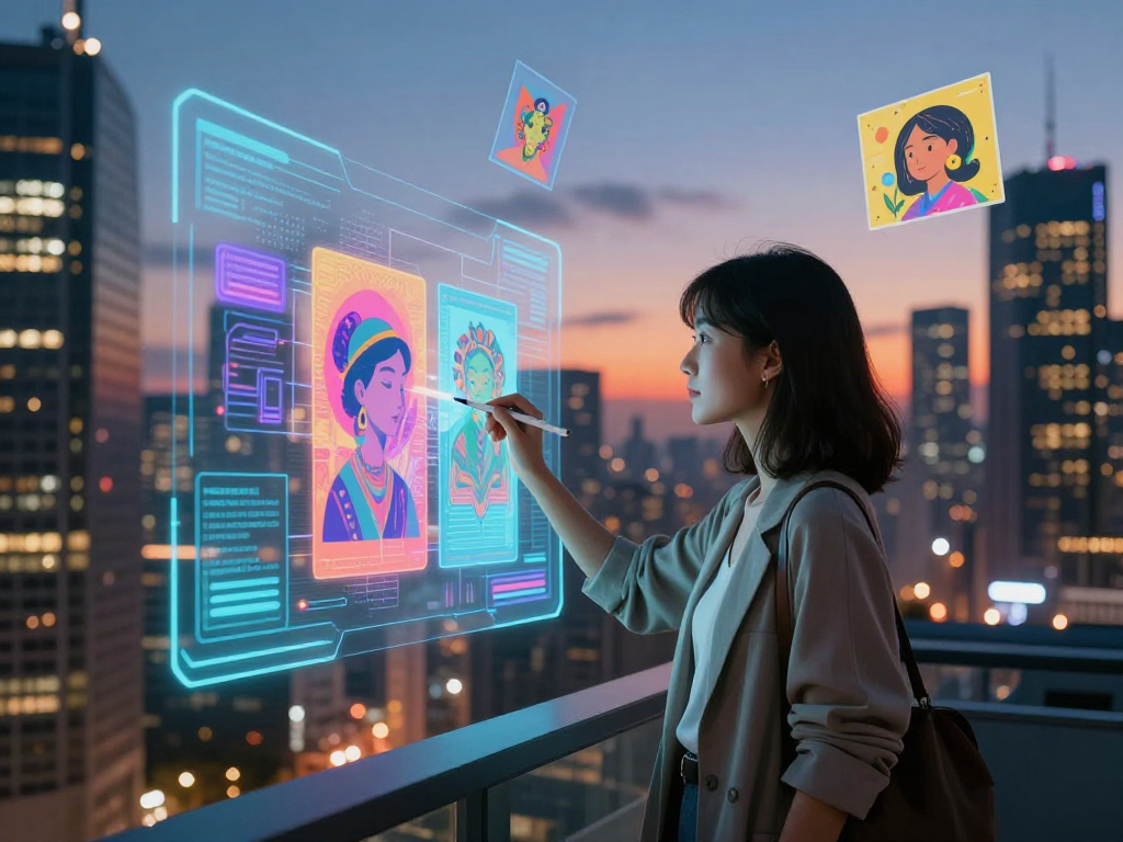 Woman interacting with AI in futuristic city, highlighting the evolution of slut ai technology.