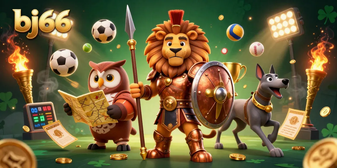 Bettors engage with bj66's high-energy sports betting scene, featuring a Spartan lion, owl strategist, and greyhound messenger.