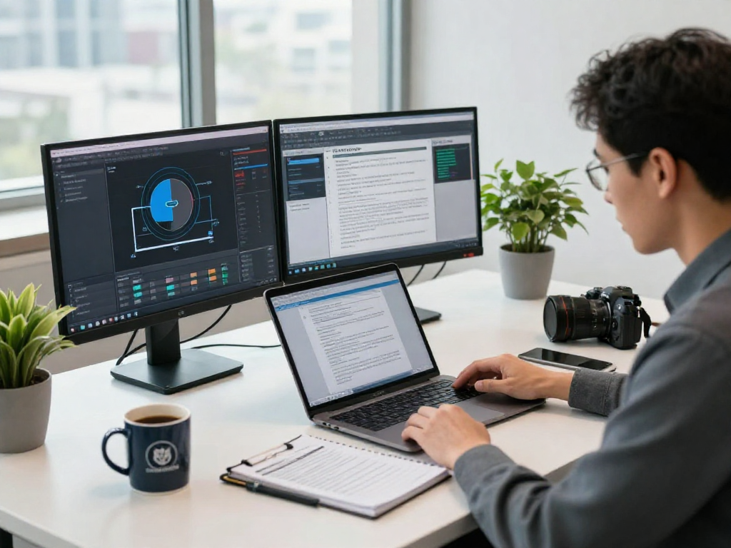 Document fraud detection audit in a professional office setting with security analytics on screens.