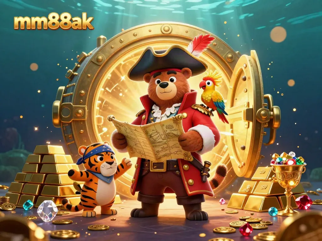 Engage with mm88ak's thrilling gaming adventure featuring a pirate bear, tiger, and gold treasures.