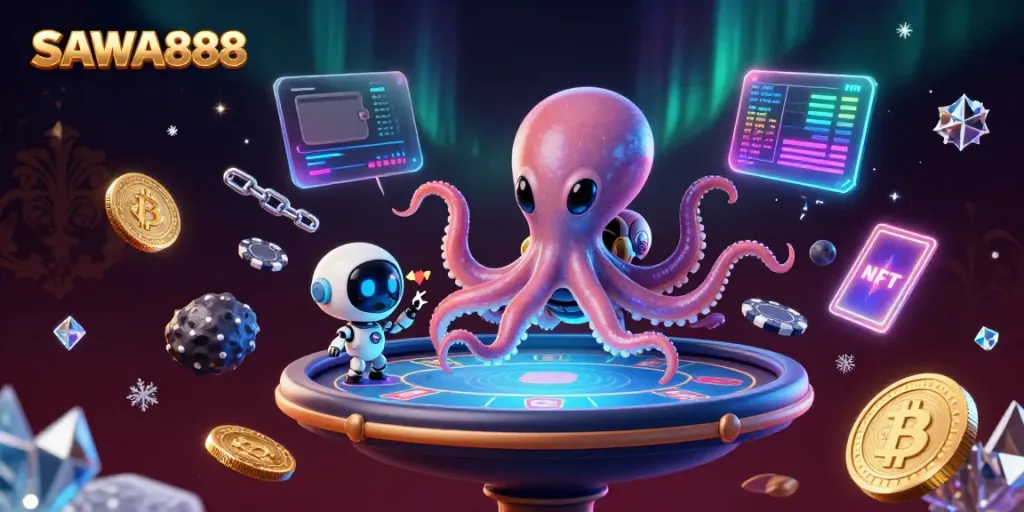 Engage with SAWA888's thrilling cosmic poker scene featuring an alien octopus and floating poker chips.