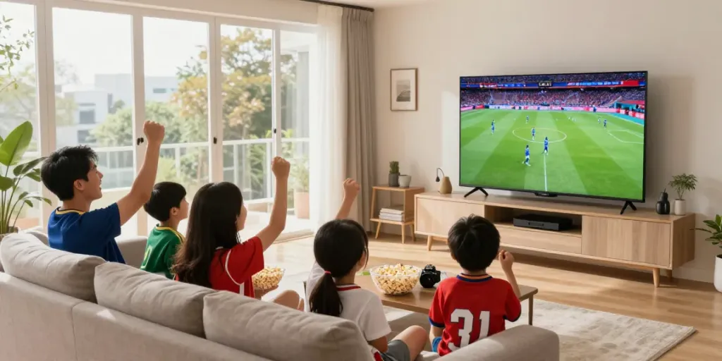 Family enjoying diverse IPTV channels in a cozy living room setting, showcasing joyful entertainment with iptv italia.