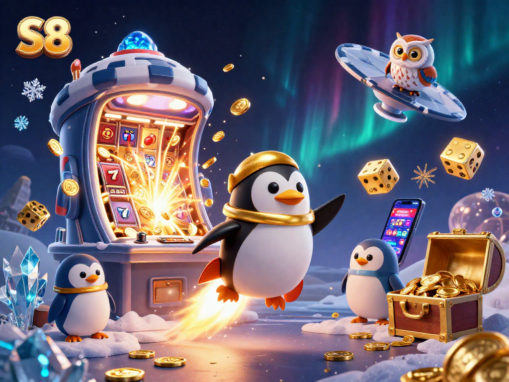 S8 penguin blasts through space towards a casino, surrounded by jackpot elements and gaming symbols.