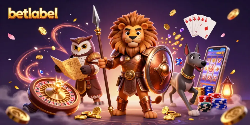 Betlabel brings exciting gaming action with a Spartan lion, owl strategist, and greyhound messenger in a dynamic casino scene.