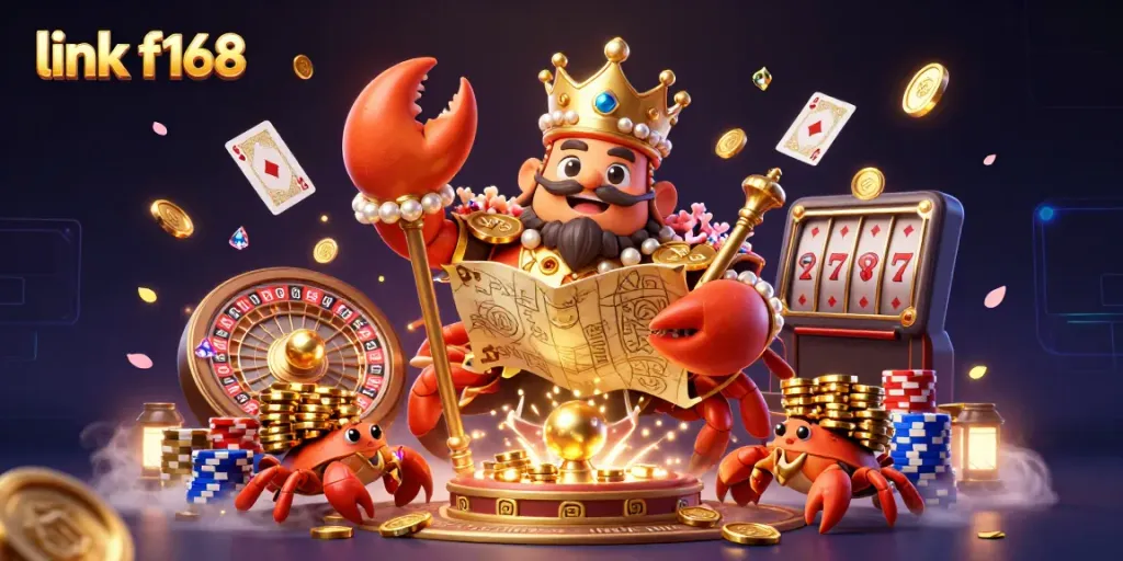 Experience the excitement of online gaming with the vibrant link f168 illustration, featuring a golden crab emperor and lively casino elements.