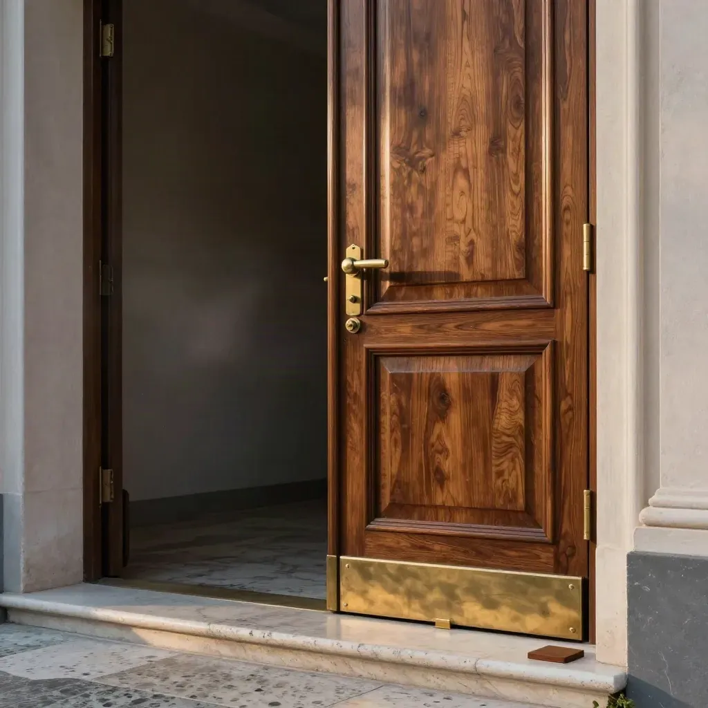 Porta in noce con maniglia in ottone su soglia in pietra, luce calda dopo la pioggia.