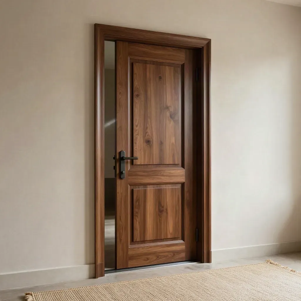 Porta blindata in noce in un corridoio residenziale elegante, luce laterale e soglia metallica