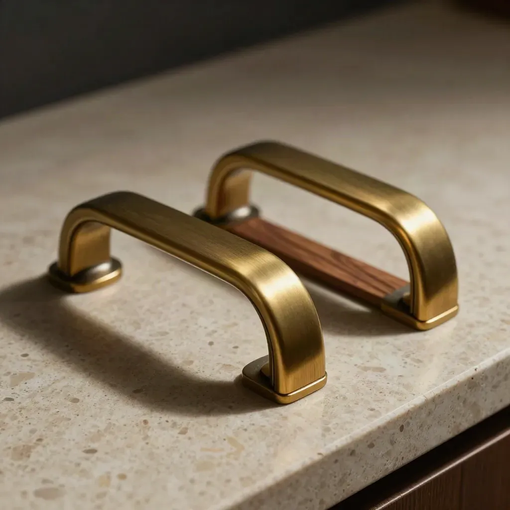 Coppia di maniglie in ottone satinato su travertino, con accento noce e ombre lunghe.