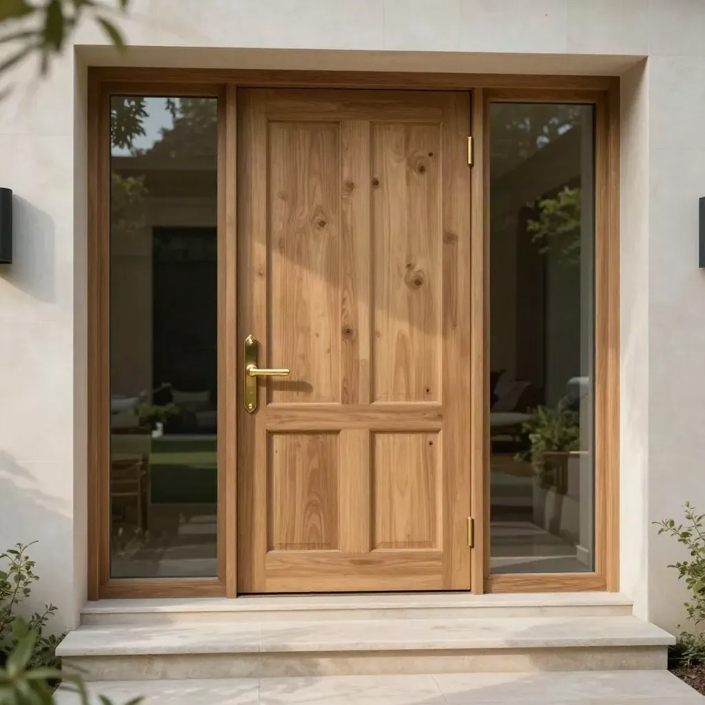 Porta villa in noce chiaro con pannello laterale e maniglia in ottone su soglia in pietra.