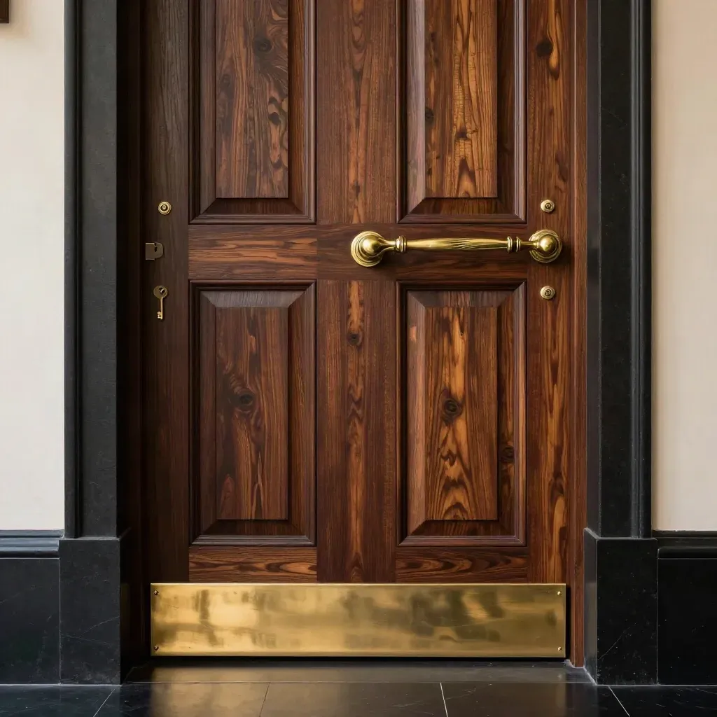 Porta di lusso semiaperta con maniglia in ottone e soglia coordinata su sfondo scuro.