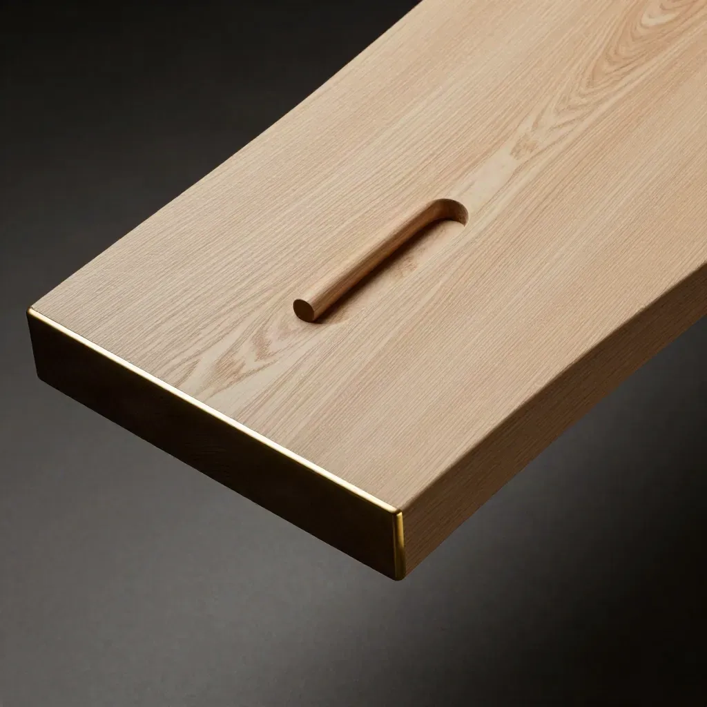 Dettaglio macro di porta interna in rovere chiaro con venatura e maniglia essenziale