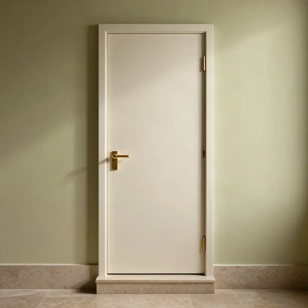 Porta filomuro avorio con luce radente, cornice invisibile e dettagli in ottone su fondo architettonico.