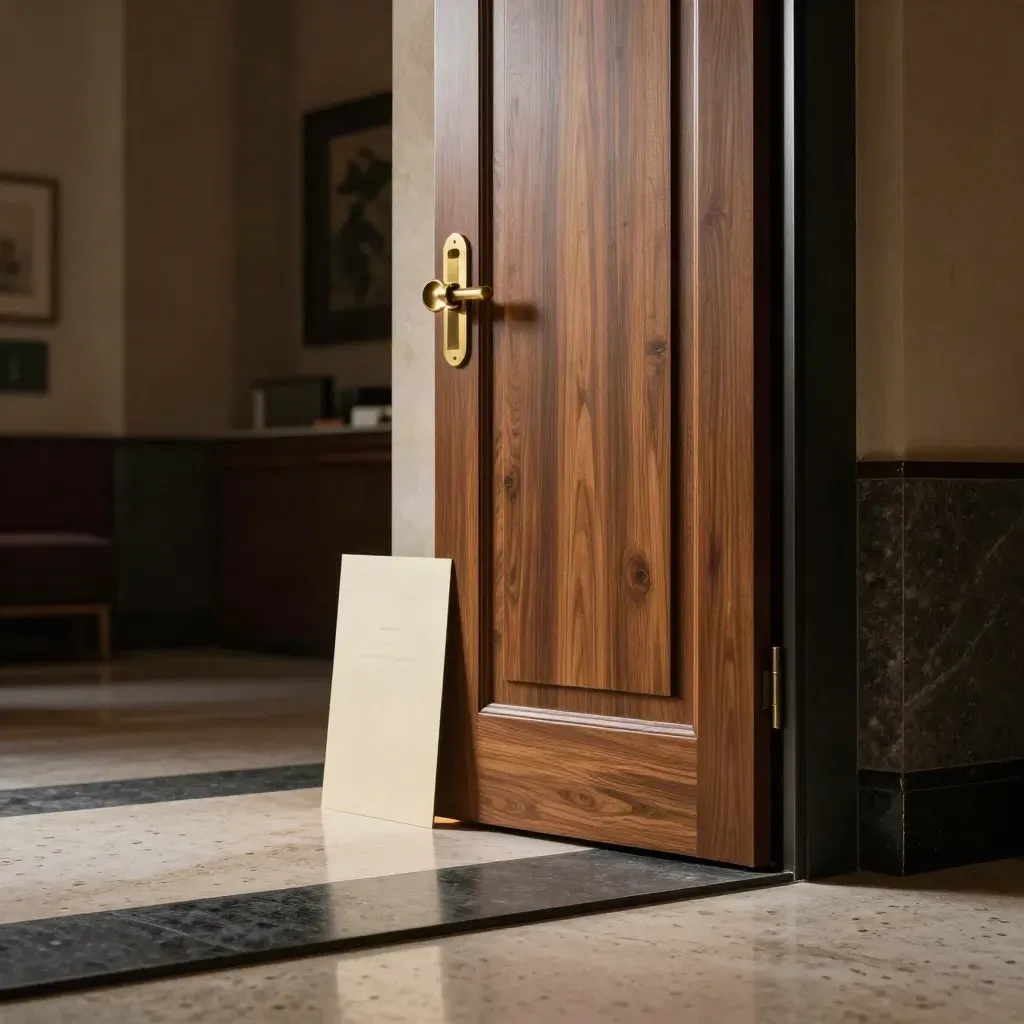 Porta hotel in noce con maniglia in ottone e luce drammatica in foyer.