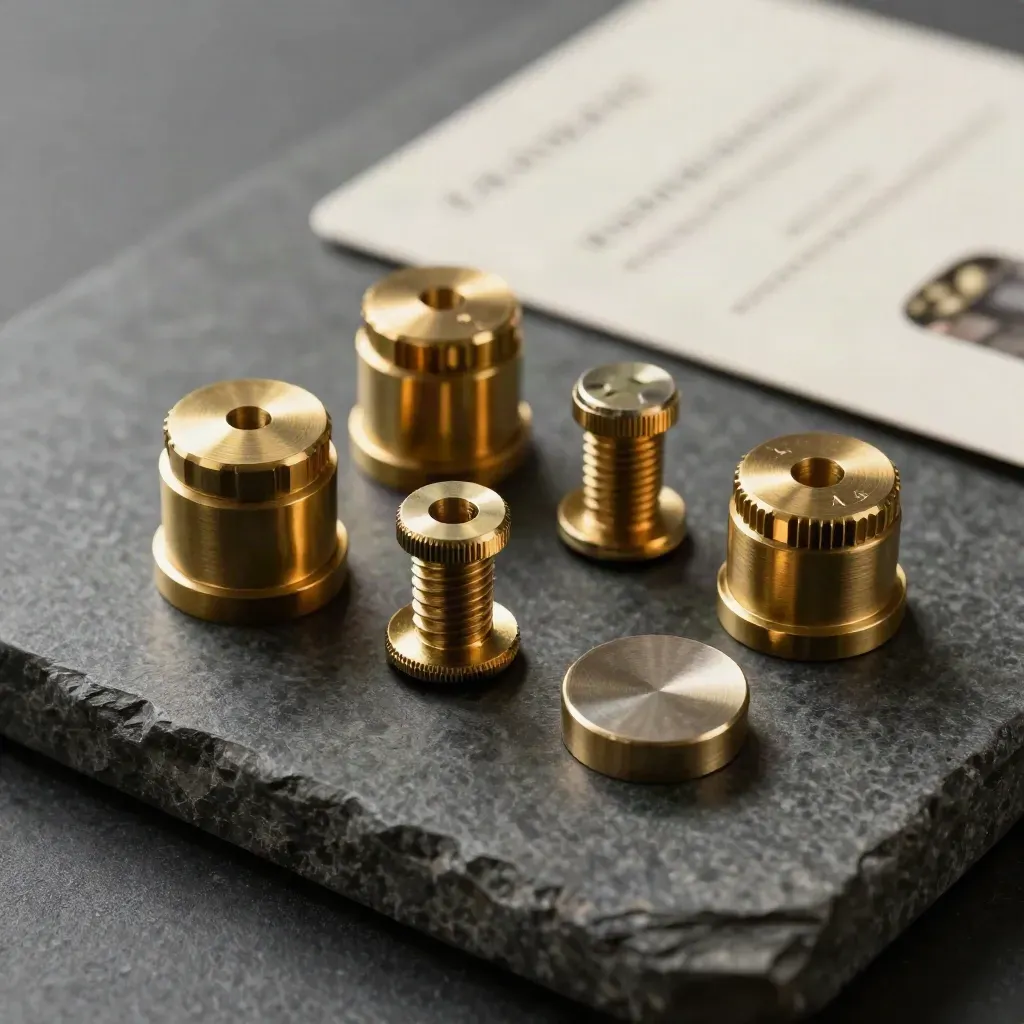 Kit finitura ottone su lastra scura, macro lussuosa con rosette, viti e campione satinato.