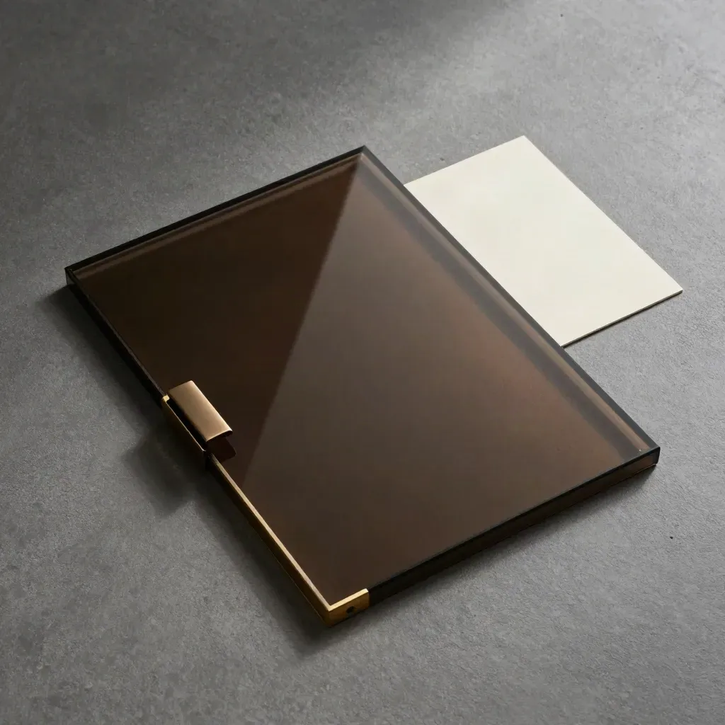 Flatlay con porta vetro bronzo, maniglia minimale e card avorio su pietra scura.