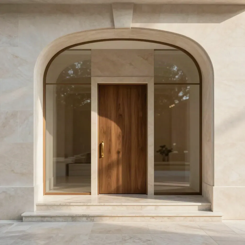 Ingresso in marmo chiaro con arco, parete in pietra e porta su misura in legno e ottone.