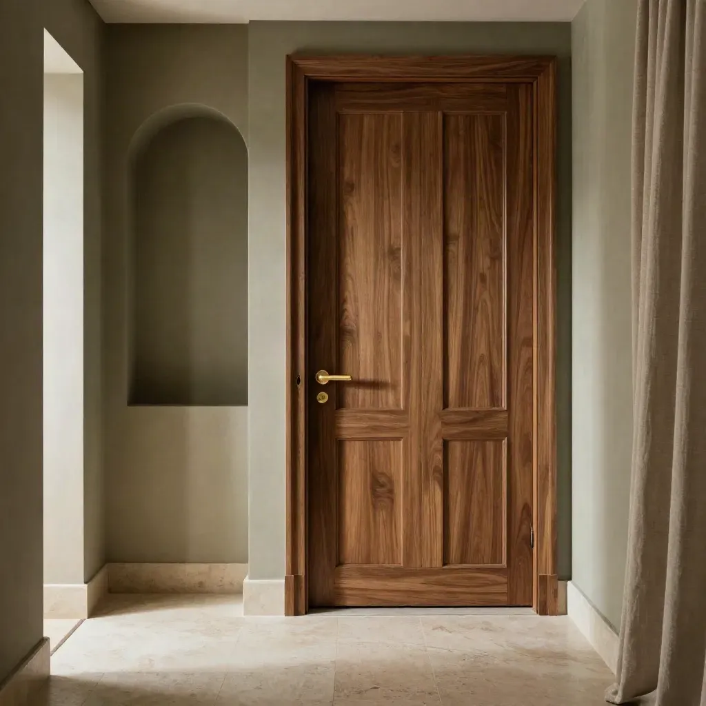 Corridoio interno caldo con boiserie in noce, porte eleganti e nicchia architettonica in luce morbida.
