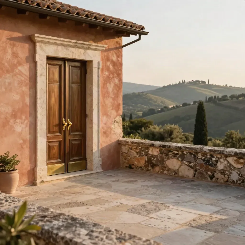 Ingresso di villa storica in pietra e ottone al tramonto, su collina con valle morbida.