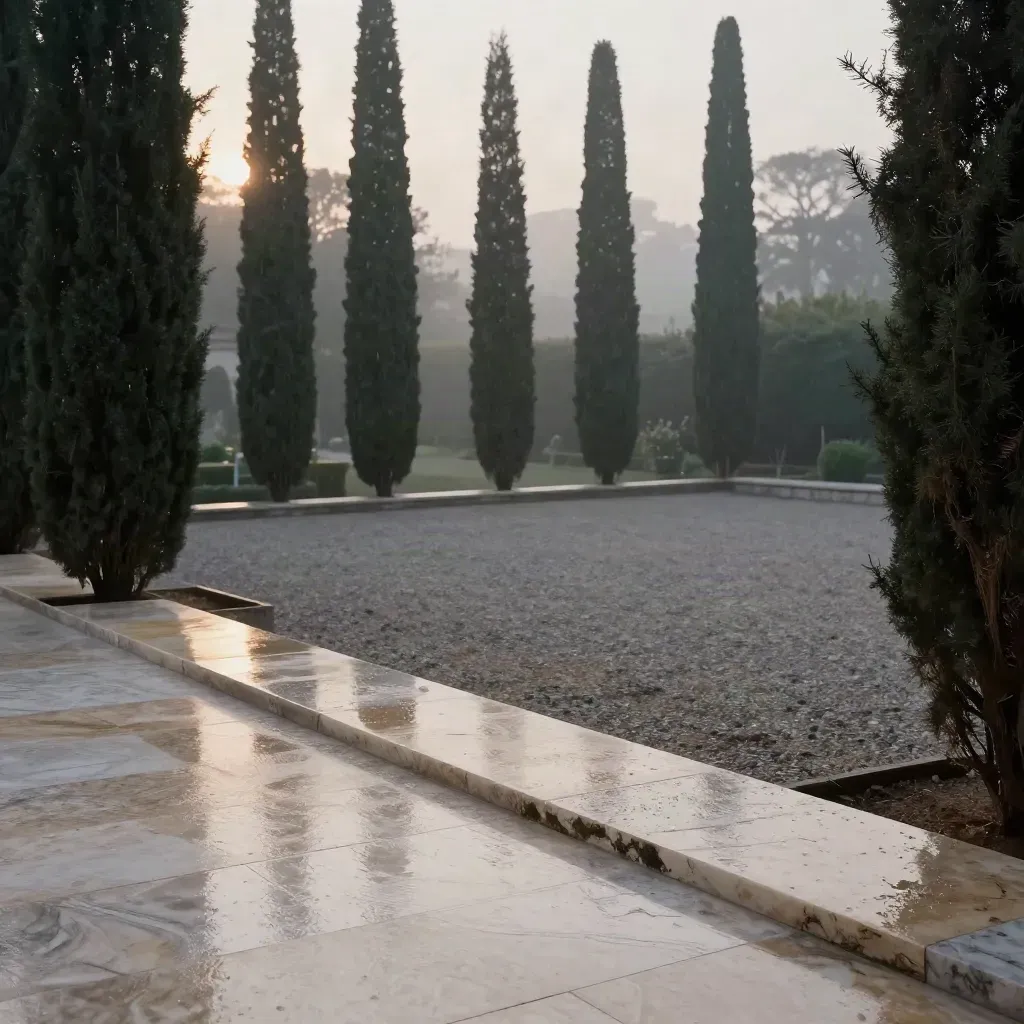 Cortile di cipressi e pietra bagnata all’alba, con soglia pulita e nebbia leggera.