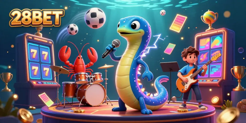 Experience the excitement of online gambling with dynamic 28BET underwater scene featuring lively characters.