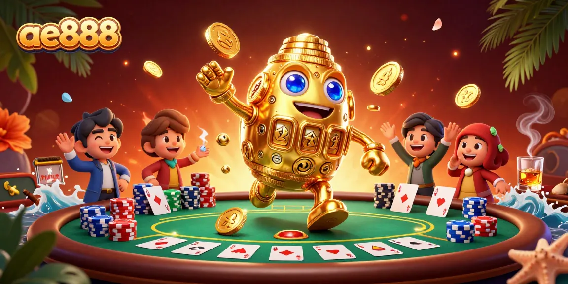 Engage with the ae888 platform through a vibrant 3D illustration of a golden golem amidst poker elements.