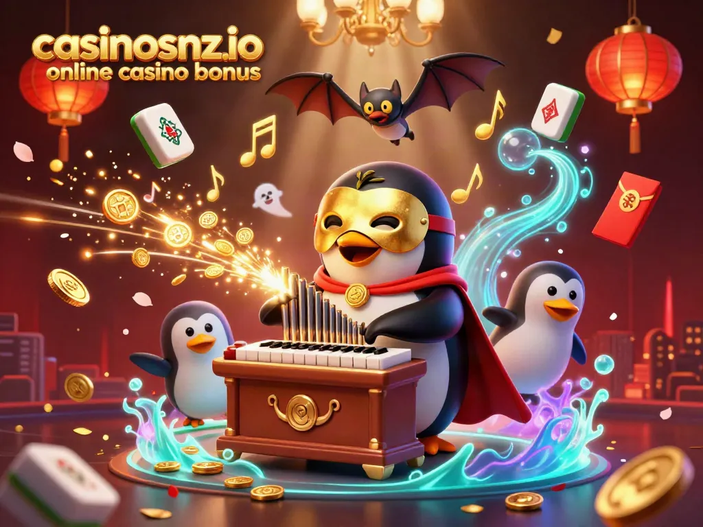 Engage with the casinosnz.io online casino bonus featuring a captivating penguin organist, golden coins, and festive elements.