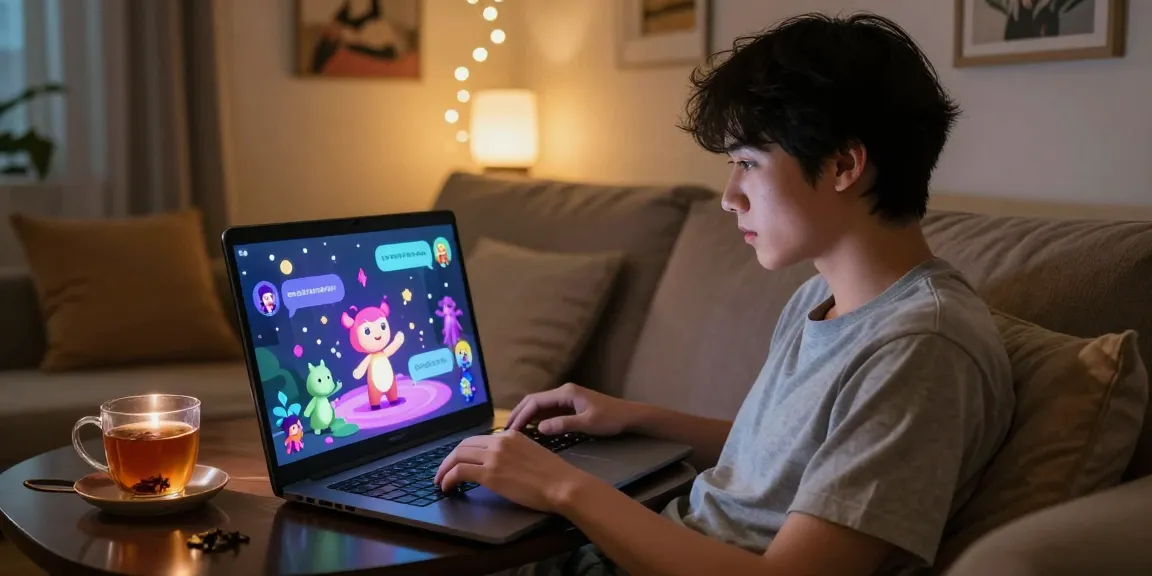 Engaging in an AI sex chat, young adult user experiences immersive virtual connection in cozy environment.