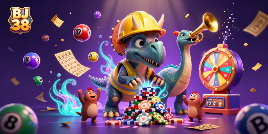 Experience the excitement of BJ 38 with a lively 3D casino scene featuring dynamic gaming elements and characters.