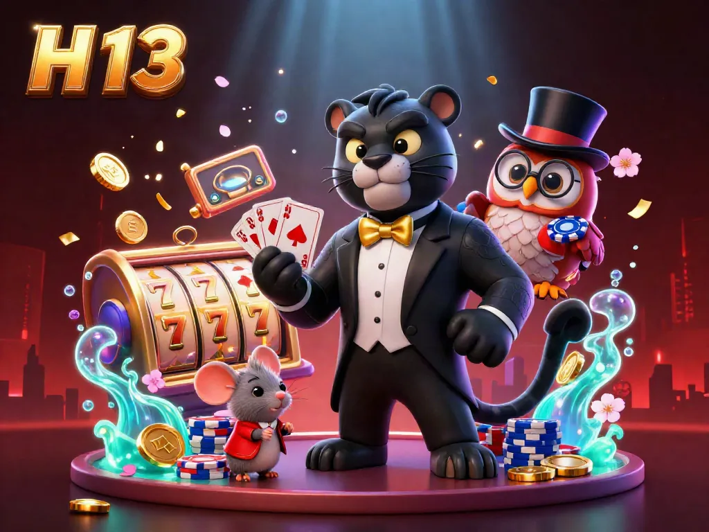 Engage with H 13's dazzling casino environment, featuring playful characters and vibrant slot game elements.