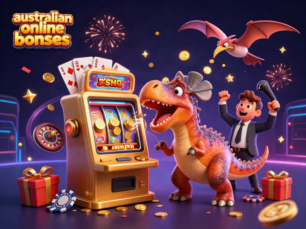 Experience australian online casino bonuses with vibrant characters celebrating casino wins amidst dynamic gaming elements.