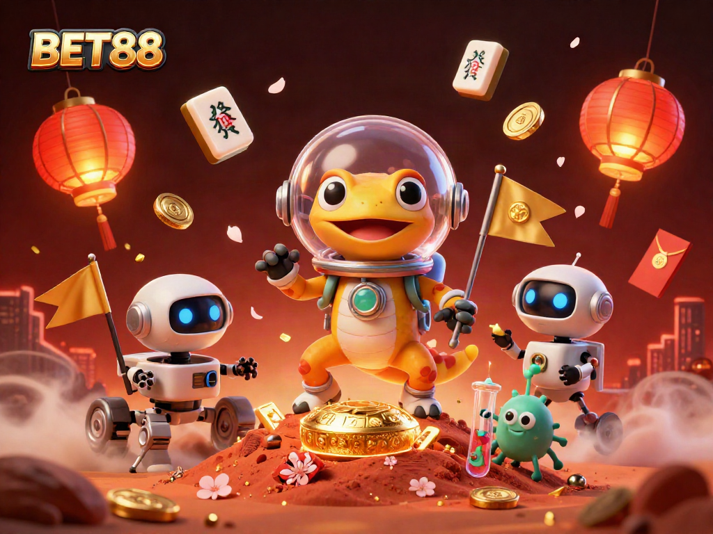 BET88 illustrates a fun Martian gecko discovering a golden casino amidst vibrant gambling elements