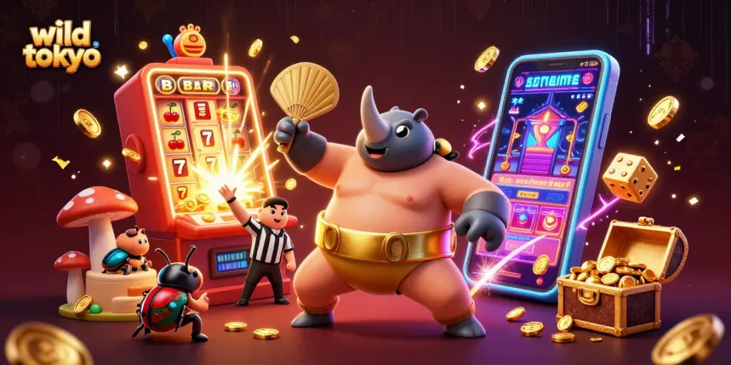 Experience wild tokyo's vibrant casino excitement with a cartoon beetle champion and jackpot elements.